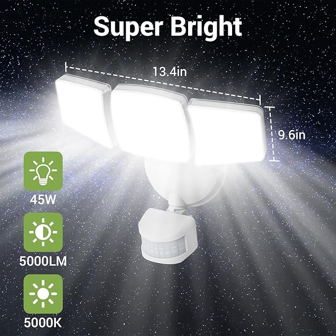 NOVOSTELLA Security Lights Motion Sensor Outdoor, 2Pack LED Flood Lights with Remote, Dusk to Dawn 45W 5000lm 5000K, 3 Heads Wired Wall Adjustable Floodlights, IP65 Waterproof for Garage Yard House