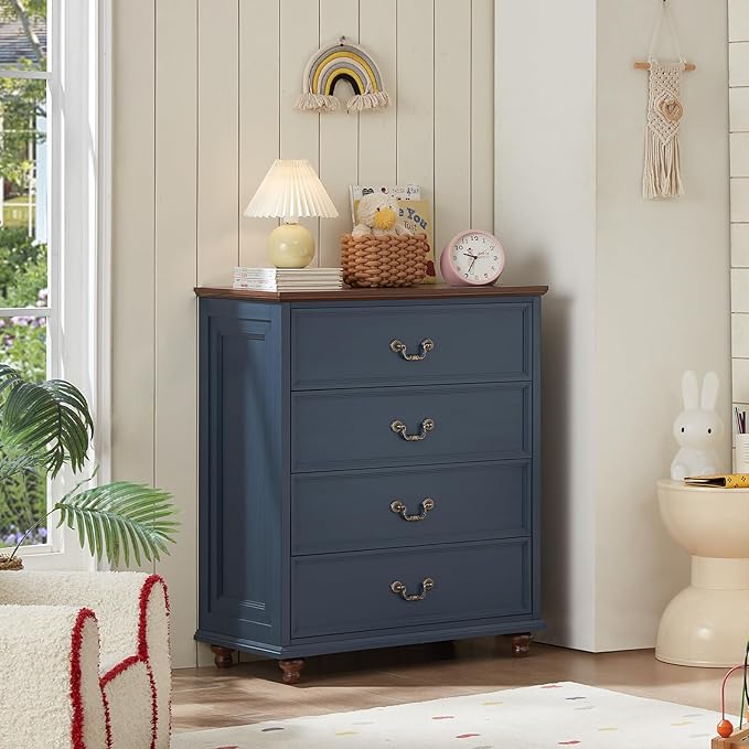 Farmhouse 4 Drawer Dresser Set of 2 for Bedroom, 37" Tall Rustic Chests of Drawers w/ 4 Solid Wood Feet, Mid Century Vintage Wooden Closet Storage Dressers Organizer for Living Room, Navy Blue