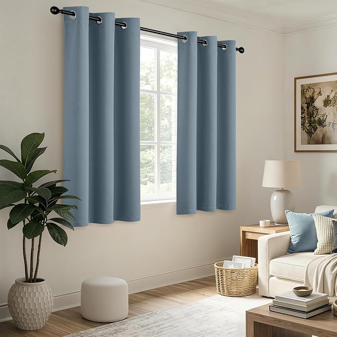 Short Stone Blue Blackout Kitchen Curtain W40 x L54 Inch 2 Panels | Thermal - Image 5
