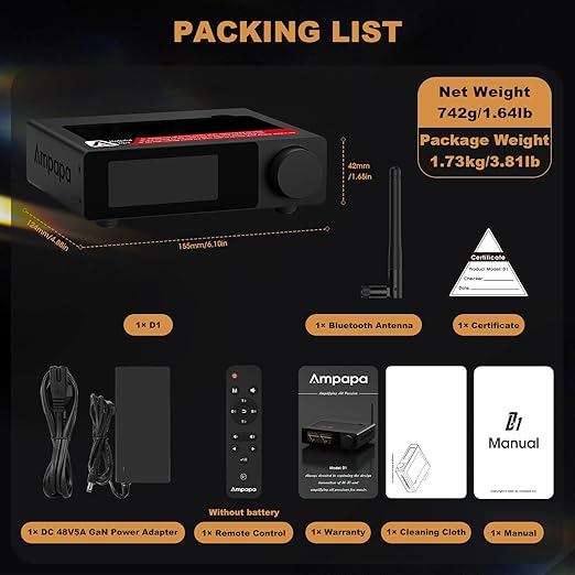 Ampapa 2 Channel Bluetooth Amp: HiFi 300W x2 Stereo Amplifier with BT 5.2 | HPF | Digital VU Meter | SUB Pre-Out | TRS Balanced Input | Tone Control & Remote for Home Theater Bookshelf Speakers (D1)