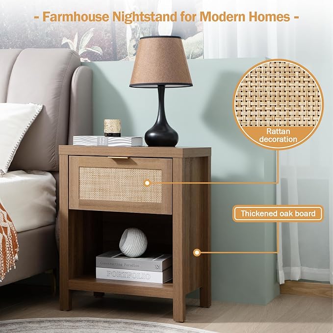 SICOTAS Rattan Nightstands Set of 2 - Farmhouse Night Stand with Drawer and Storage Shelf - Boho Bedside Table End Side Table for Bedroom, Oak