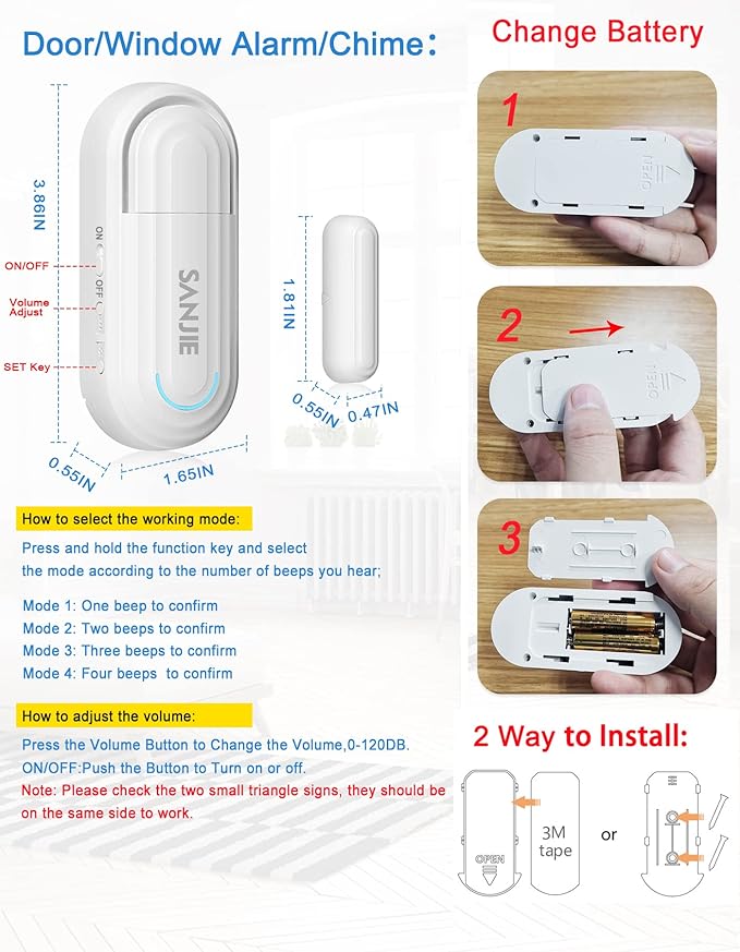 SanJie Adjustable Volume Door Alarm Sensor for Home Security & Child Safety, 120dB Burglar Alarm with 4 Modes - Wireless Window & Entry Alert for Pool, Office, Shop, Business