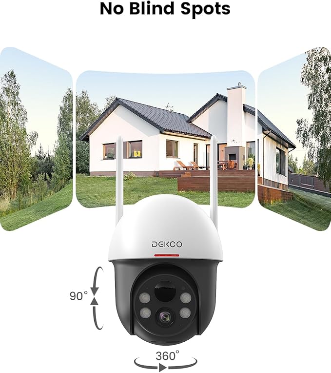 DEKCO Solar Security Camera Outdoor Wireless, Battery Powered, Panoramic Pan Tilt Zoom, Auto Motion Tracking, True 2K, Color Night Vision, Spotlight, 2-Way Talk