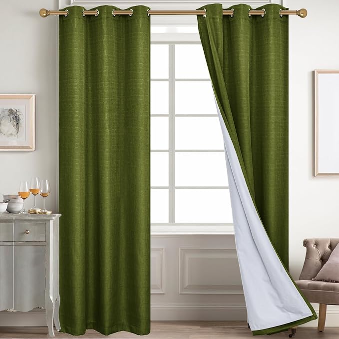 Diraysid 100% Blackout Curtains Olive Green Linen Curtains - Image 6