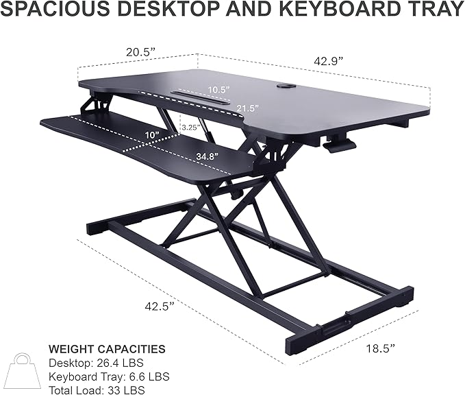Rocelco 43" Height Adjustable Standing Desk Converter - Tall Sit Stand Up Tabletop Riser with Tablet Slot - Home Office Computer Workstation - Deep Keyboard Tray for Laptop Mouse - Black (R VADRB-43)