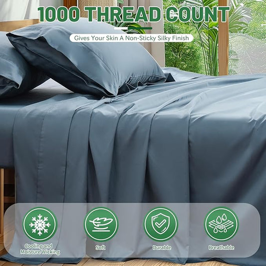 100% Egyptian Cotton Sheets Cal King Sheet Set 4PCS 1000 Thread Count Sateen Weave Soft Breathable 16-Inch Deep Pocket（California King,Dusty Blue）