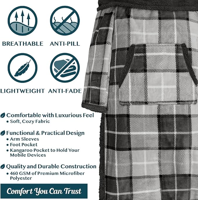 PAVILIA Sherpa Blanket with Sleeves, Foot Pocket for Women Men Adults, Thick Wearable Blanket Throw Wrap, Fleece Warm Snuggle Blanket Robe, Cozy Gift Ideas Wife Mom, Plaid Gray