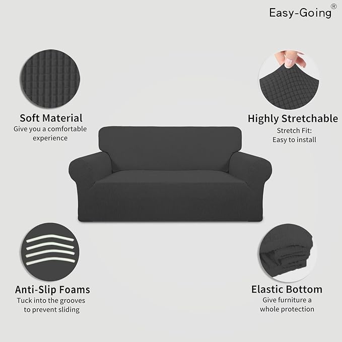 Easy-Going Stretch Oversized Loveseat Slipcover 1-Piece Sofa Cover Furniture Protector Couch Soft with Elastic Bottom for Kids Polyester Spandex Jacquard Fabric Small Checks Dark Gray