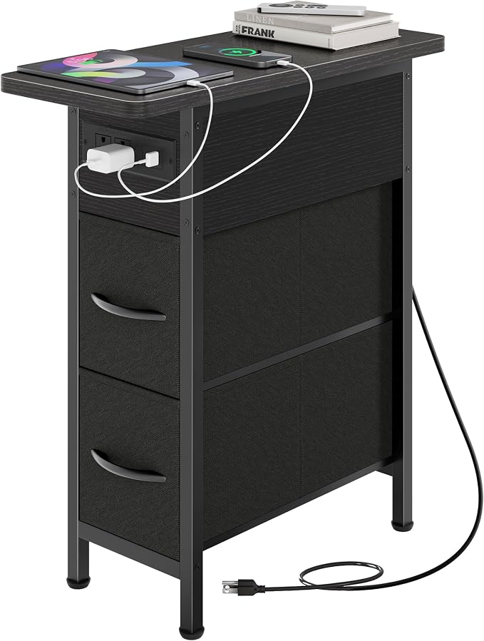 Huuger Narrow End Table with Charging Station, Side Table with 2 Drawers | Slim by Huuger