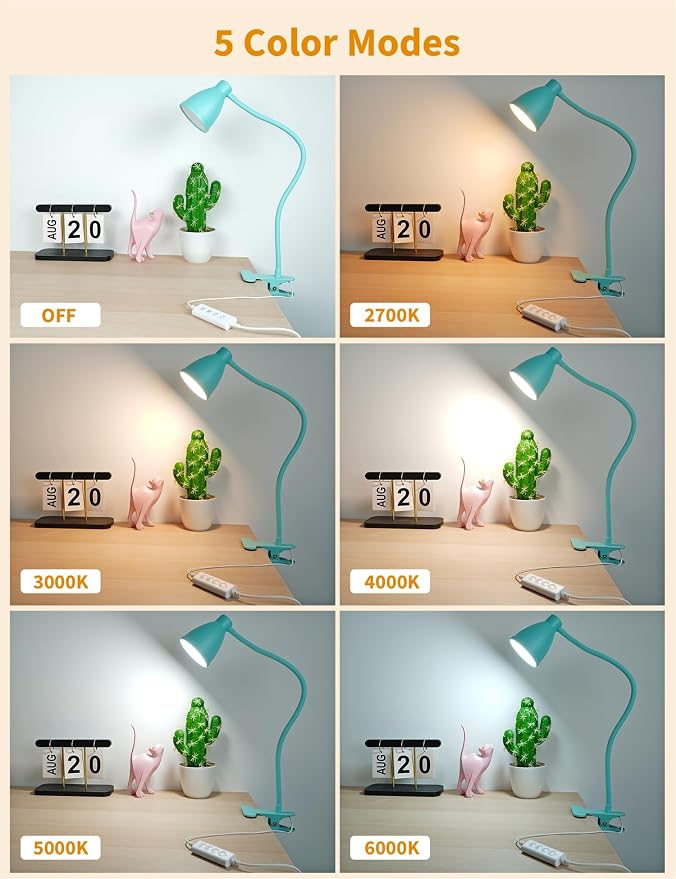 BOHON Desk Lamp with Clamp, Clip on Light, 5 Color 10 Brightness, Teal | 10W 38 - Image 2
