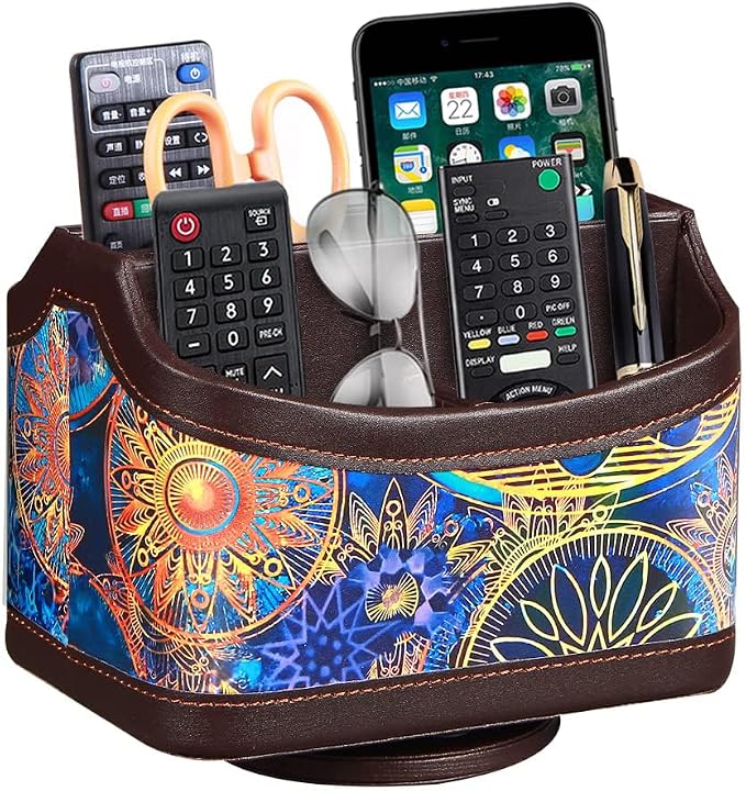 PU Leather 360° Rotatable Remote Control Holder, Nightstand TV Remote Caddy | by PUSU