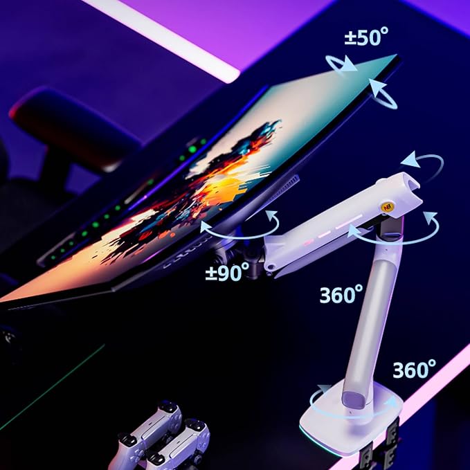 NB Gaming Monitor Arm or for 32 to 60 Inches Screen, Load up to 20 kg, VESA 75/100, RGB-Light, Heavy Duty, Multi Angle Adjustable, Premium Aluminum, White
