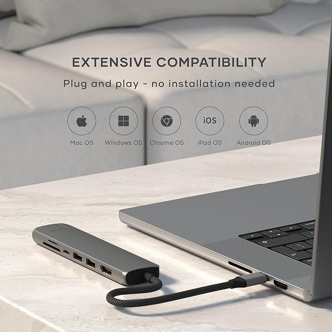 Satechi 7 in 1 USB C Hub Multiport Adapter with Ethernet, HDMI 4K@60Hz, 100W PD Charging, 2X USB-A Data Ports, Micro/SD Card Readers for MacBook Air/Pro M5/M4, iPad, Windows - Space Gray