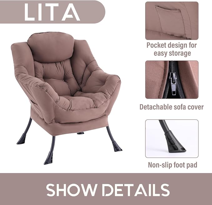Lazy Chair with Ottoman, Comfy Accent Reading Chair, Dark Brown | Foldable - Image 4