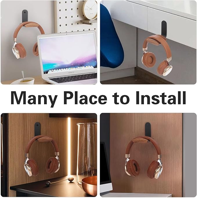 Mt.Jun Wood Headphone Wall Mount Holder, with VHB Adhesive Tape and Screw, Holds 10 lbs (Black & Walnut Wood, 2 Pack)