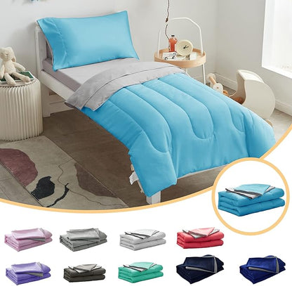 UOZZI BEDDING 4 Pieces Toddler Bedding Set Ultra Soft and Breathable Toddler Sheet Set - Includes Comforter, Flat Sheet, Fitted Sheet and Pillowcase - Blue & Gray