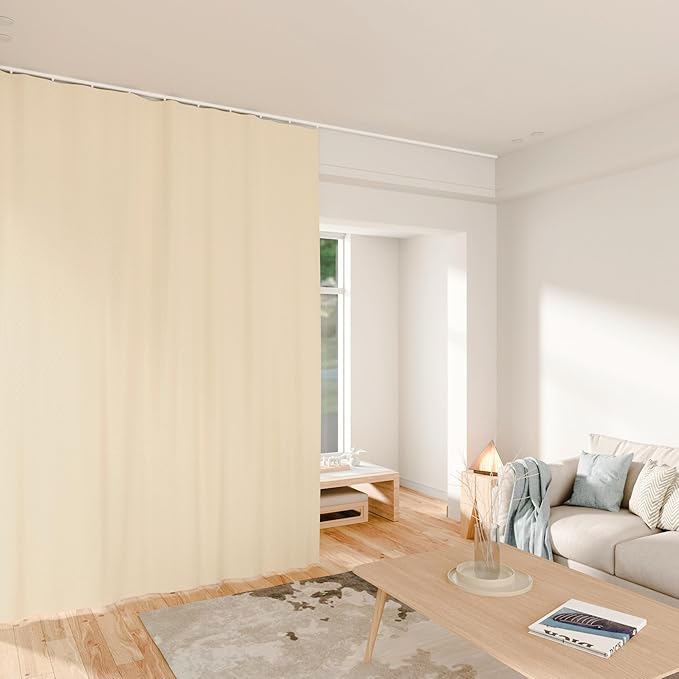 Room Divider Curtains Total Blackout Privacy Curtain Panel Room Thermal Insulated Noise Reduction Curtains for Bedroom Window Living Room Ceiling Track Curtain W 15 ft × H 7 ft Beige