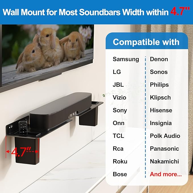 BYMECOST Heavy-Duty Steel Soundbar Mount Under TV with 2 Storage Boxes, Universal 88 Lbs Fit for Large Sound Bars, Sound Bar Wall Mount Bracket Stand Compatible with Samsung/JBL/LG, Complete Hardware