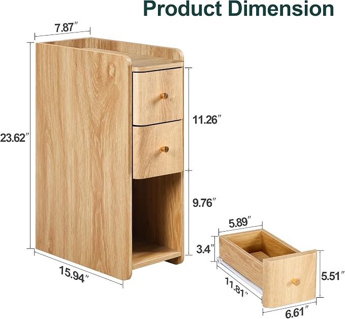 Narrow Nightstand Set of 2, Wooden Small 2 Drawer Nightstand, Slim Side End - Image 3
