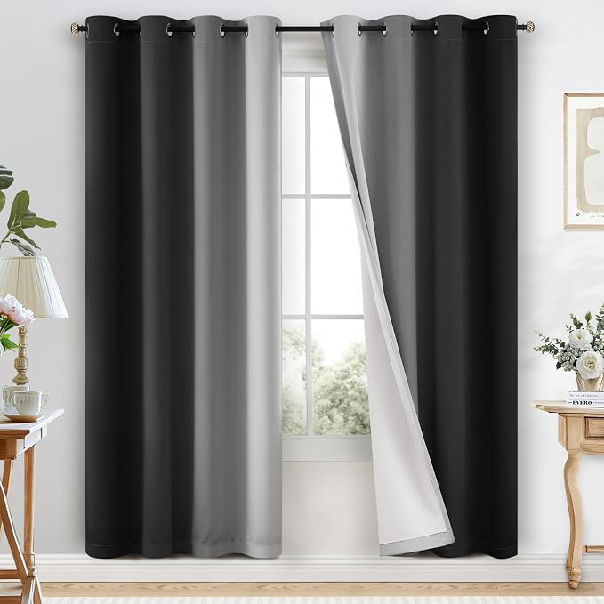COSVIYA Grommet 100% Blackout Black Ombre Curtains White Back, W52xL72 Inch | 2 by COSVIYA