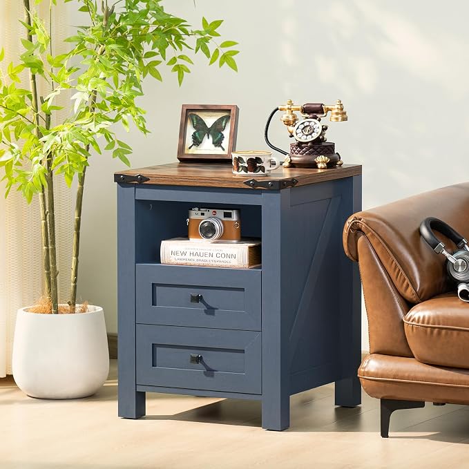 Joaxswe Nightstand with Charging Station, Farmhouse Night Stand with 2 Drawers - Image 3