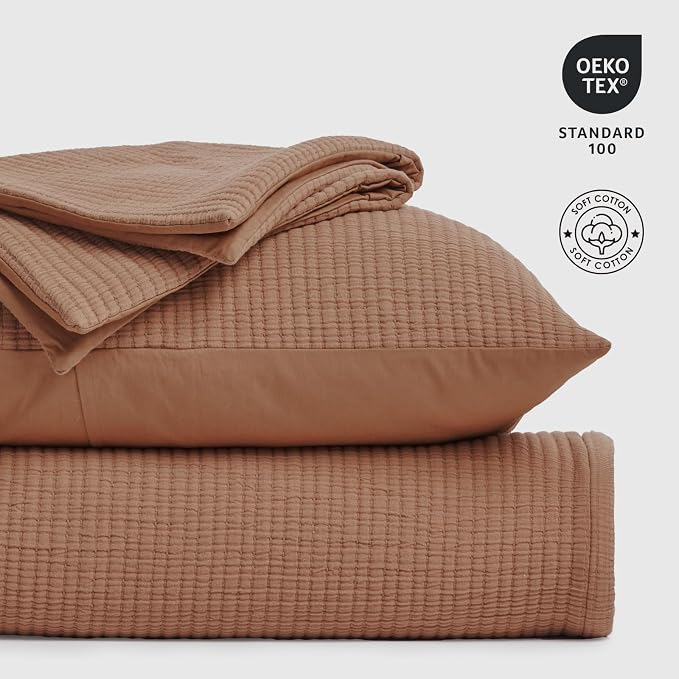 EVERGRACEHOME Cotton Gauze Matelassé Coverlet, Queen Size, Terracotta Clay | - Image 4
