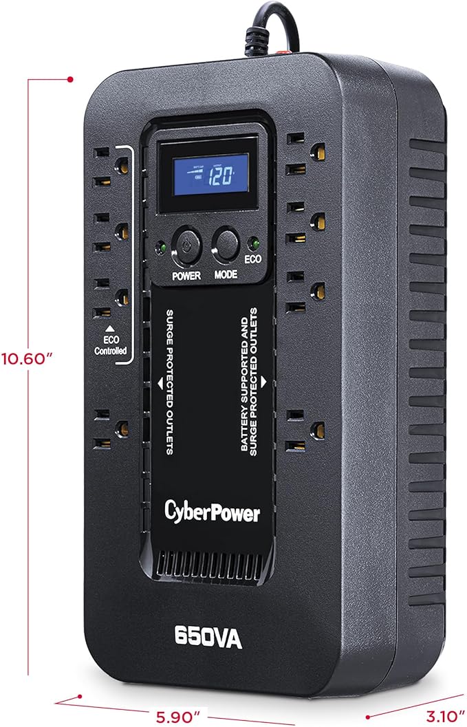 CyberPower EC650LCD Ecologic Battery Backup & Surge Protector UPS System, 650VA/390W, 8 Outlets, ECO Mode, Compact Uninterruptible Power Supply