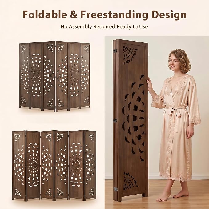 6 Panel Room dividers, 66.9" Boho Double-Sided Carved Screen, Freestanding - Image 4
