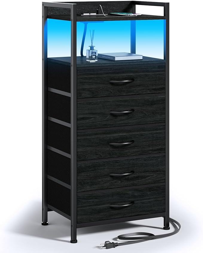 Nightstand with Charging Station, 5 Drawers Dresser by Furnulem