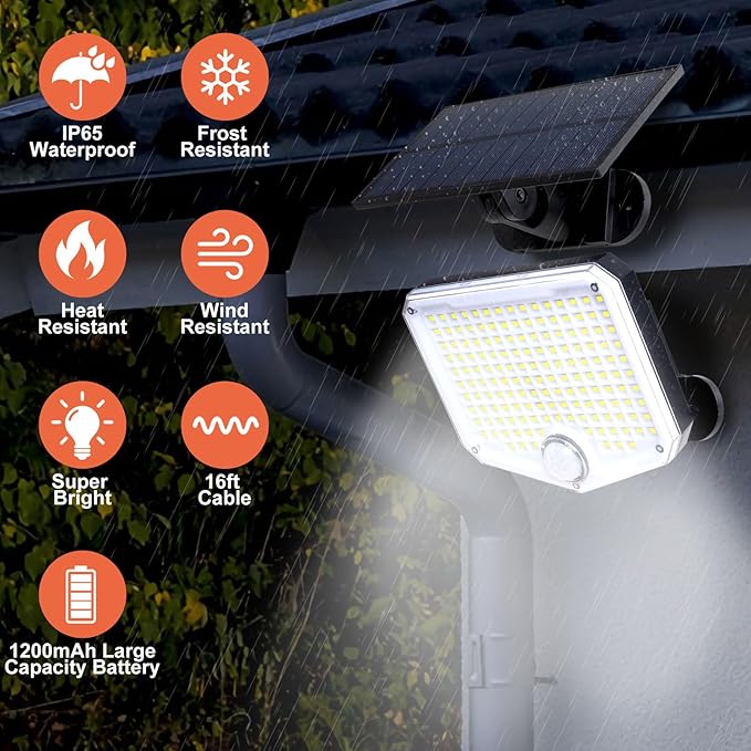 JumJam 153 LED Solar Wall Lights, 180° Beam Angle Security Lights Outdoor with Remote, Motion Sensor Lights with 3 Modes, Waterproof Flood Lights for Porch, Patio,Yard,Garage, 4 Pack