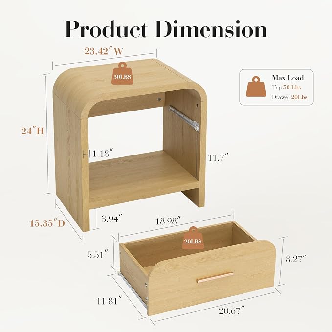 Night Stand 1-Drawer and 1 Storage Shelf Nightstand 24" H Metal Handle Modern - Image 5