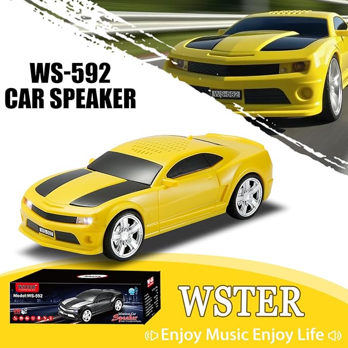 WSTER WS-592 Supercar Design Bluetooth Replica Speaker – Portable Car Model Wireless Speaker with TWS Stereo, FM Radio, LED Party Lights, USB/TF Playback, Hands-Free Calling, Microphone(Yellow)