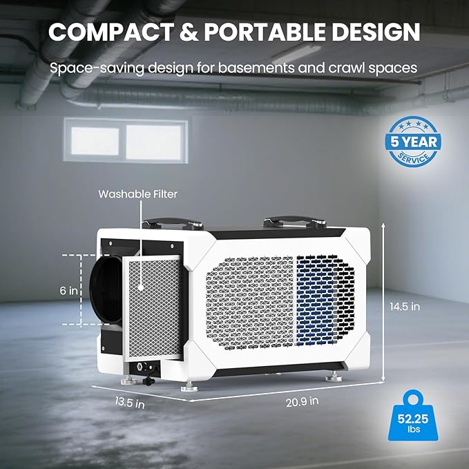 CADPXS Crawlspace Dehumidifier with Pump and Drain Hose, 145 Pints Commercial-Grade Dehumidifier for Crawl Spaces, Basements, Industrial and Water Damage Use, Large Capacity, Auto Defrost, cETL