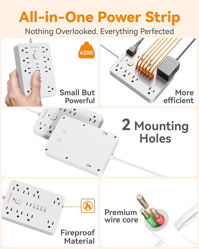 Bawmwim Surge Protector Power Strip - 8 Outlets(1850W/15A) with 6 USB Ports（2 USB C, 6FT Flat Plug Extension Cord, Wall Mount Multi Plug Outlet Extender, ETL Listed for Home, Dorm Room, White