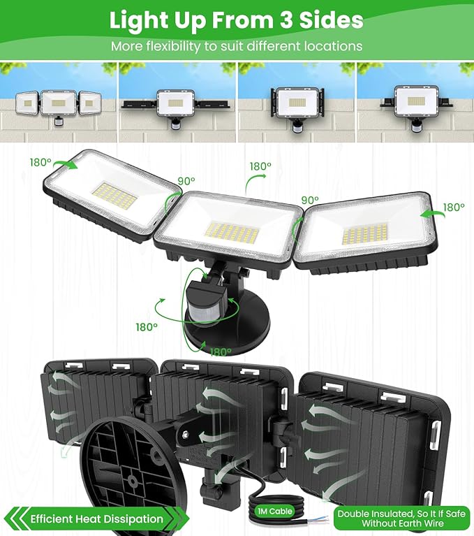CLY 70W LED Security Lights Motion Sensor Light Outdoor, 6580LM 3 Head Motion Detection Outdoor Lights 6500K IP66 Waterproof, Dusk to Dawn, Flood Light Motion Detector for Entryway Yard Garage