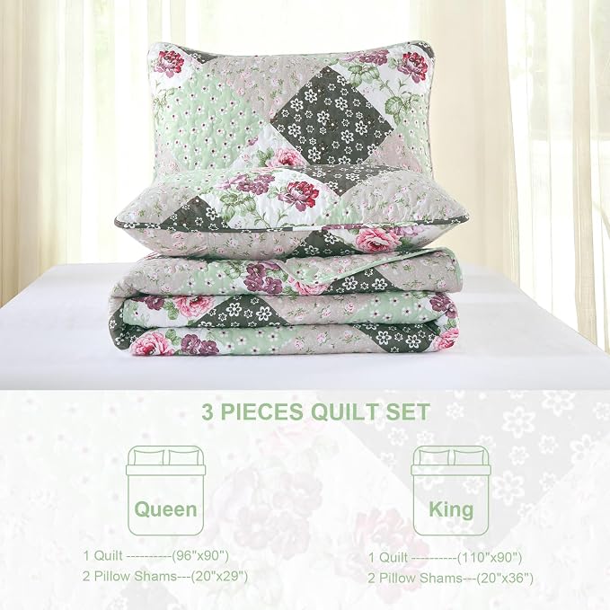 Dinjoy Boho Quilt Set Queen Size, Patchwork Floral Bedspreads, Reversible - Image 6
