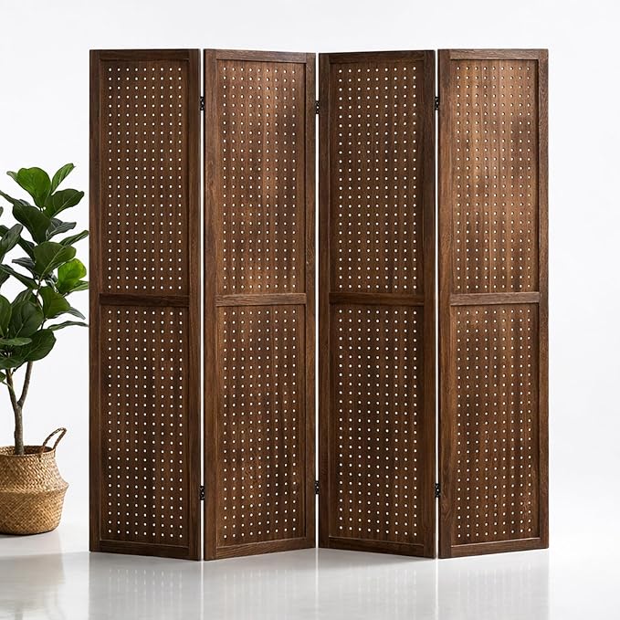 4 Panel Pegboard Room Divider, Folding Privacy Screen, Freestanding Wooden - Image 8