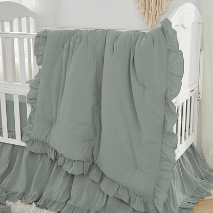 Brandream Boho Bohemian Girl Baby Nursery Crib Bed Skirt Dust Ruffle - Neutral Solid Color Sage Green Farmhouse Chic 100% Washed Cotton Ruffle