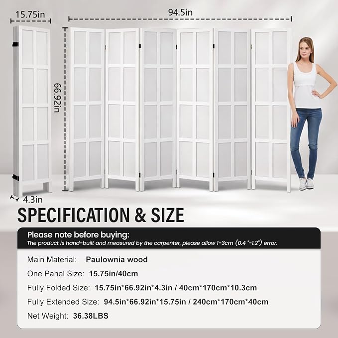 6 Panel Wood Room Divider and Folding Privacy Screen 67″, Freestanding Wall - Image 9