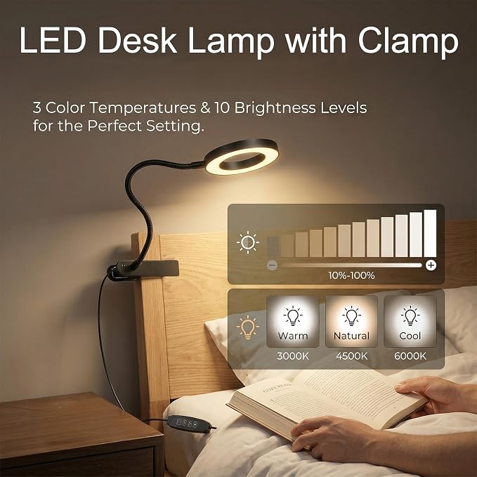 Reading lamp with Clamp, 3 Color Modes & 10 Brightness | Portable LED Desk Light - Image 2