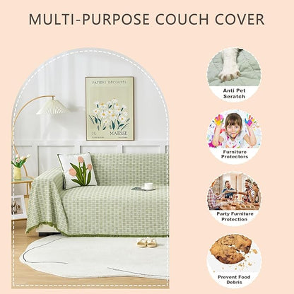 Green Couch Cover Blanket Cute Geometrical Jacquard Washable Sofa Cover for Extra Large Furniture for 3 Cushion Sofa L Shaped Sectional Couch Blanket 71"x 118"