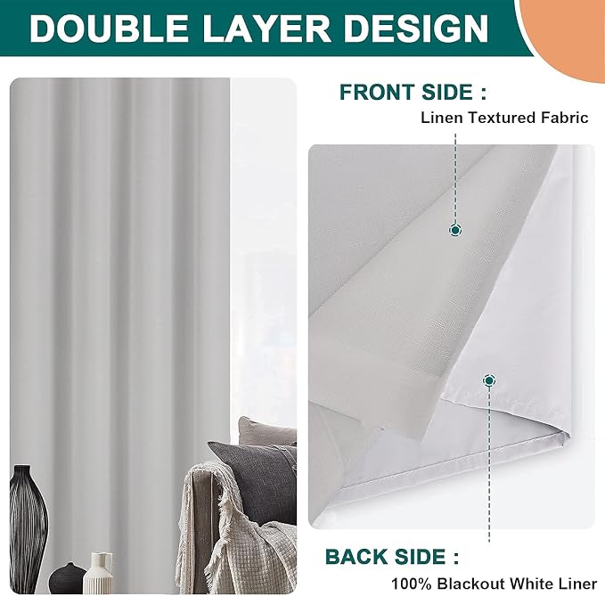 Diraysid 100% Blackout Curtains Light Grey Linen Curtains - Image 5