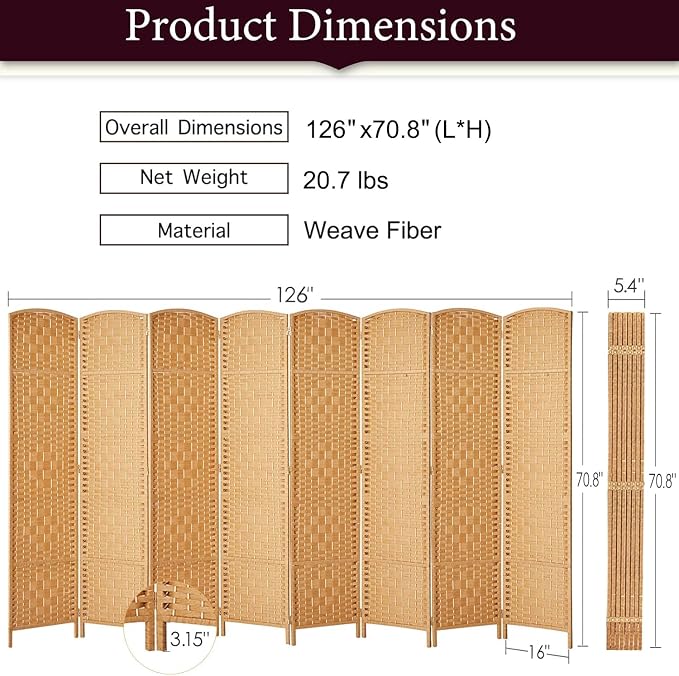 RHF Room Divider Panel, 8 Panel Partition Room Dividers Screen, Light Beige | - Image 3