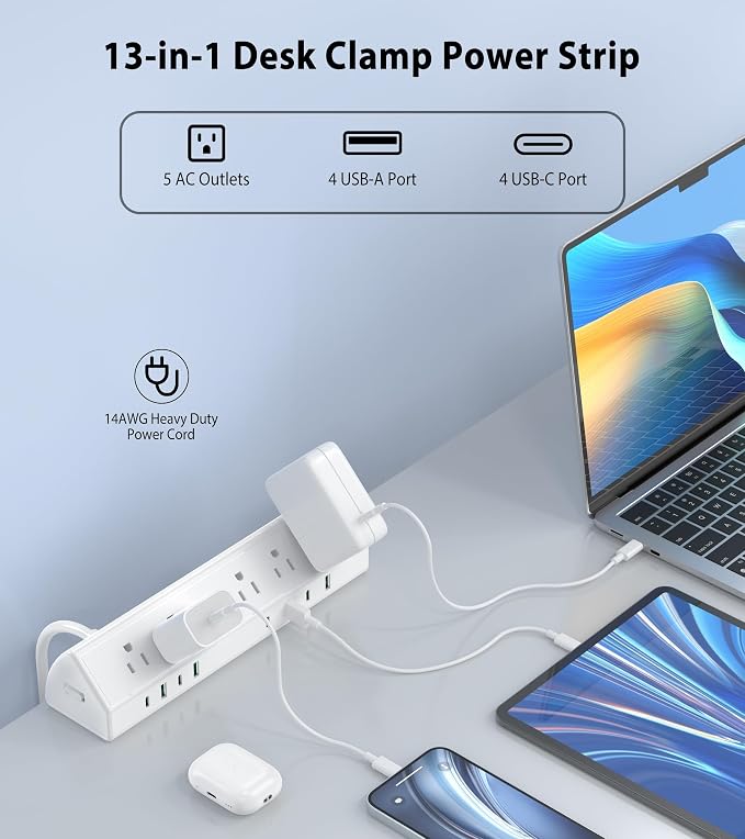 Jgstkcity Desk Clamp Power Strip USB C 45W, 8 USB, 20FT Cable, Edge Mount - Image 2