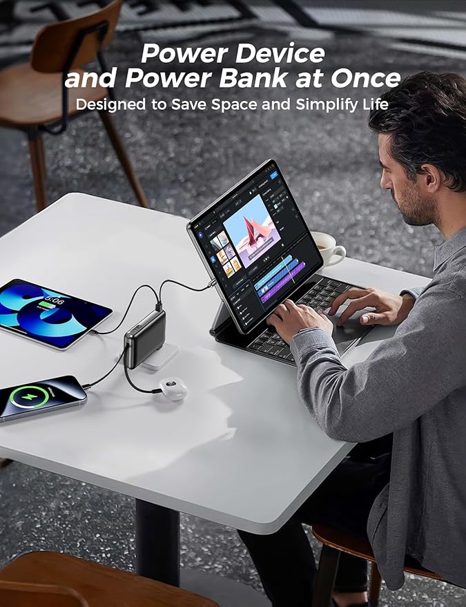 Portable Charger with Built in Cables & Wall Plug,10000mAh Power Bank, 4 Outputs,22.5W USB C Fast Charging,Slim Travel Essential Battery Pack with LED Display for iPhone 17/16/15/14 Series,Black