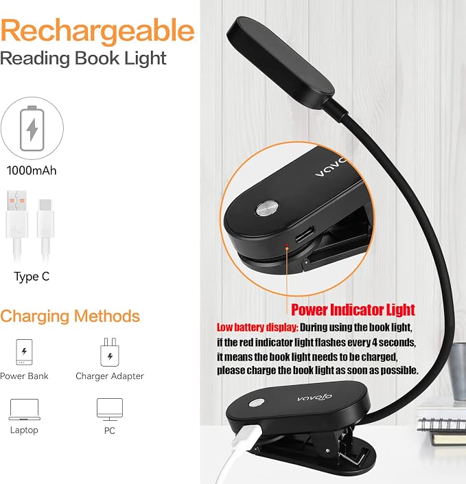 VAVOFO Rechargeable Book Light, 14 LEDs Eye Care Clip On Amber Reading Light - Image 4