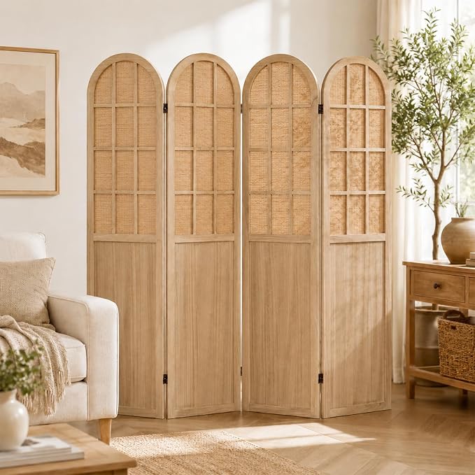 4 Panel Room Divider Privacy Screen Bamboo Wood Light Brown | Folding by ALeesing