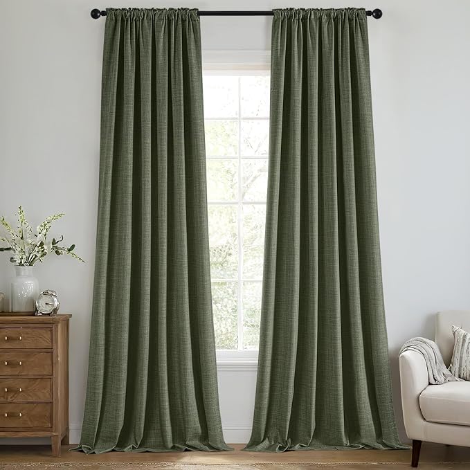 MIULEE 100% Blackout Back Tab Pleat Linen Curtains 50" Wx102 L, Olive Green | 2 by MIULEE