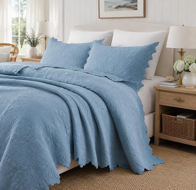 Brandream Luxury 100% Cotton Quilt Set King Size Blue Floral Vine Matelasse - Image 6