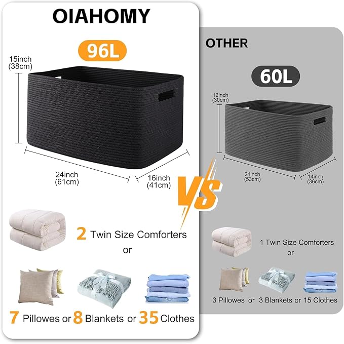OIAHOMY XXLarge Rectangle Blanket Basket-96L, Cotton Woven Basket - Image 3